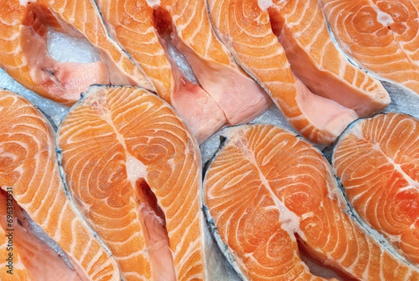 Fototapeta Fresh salmon chunks on market stalls