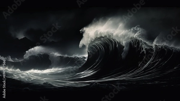 Fototapeta horizontal view of big ocean waves in the dark AI generated