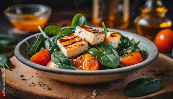 Fototapeta close-up shot of healthy salad with orange tomatoes, fresh spinach, grilled halloumi cheese, honey and olive oil sauce with spices