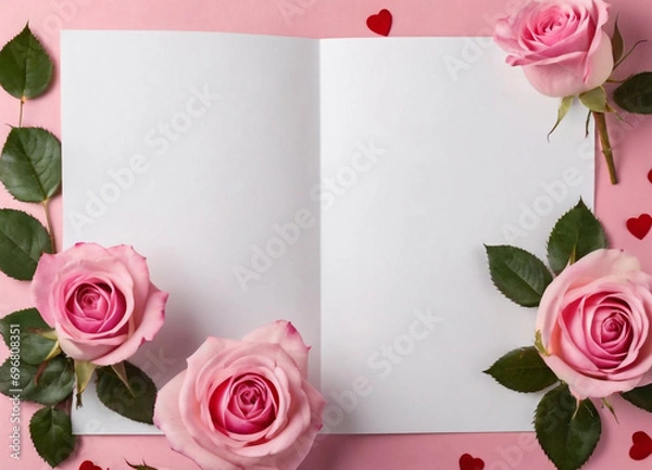 Fototapeta Valentine background card layout with pink roses and a blank sheet in the middle for writing greetings