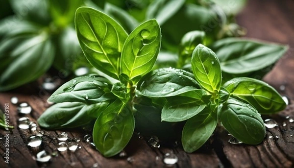 Fototapeta Herbal garden freshness - basil, oregano, rosemary with dew drops, vibrant green leaves, culinary sections, macro texture