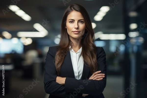 Fototapeta A confident businesswoman in a modern office, looking at the camera with determination.