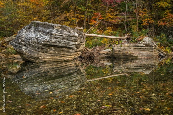 Fototapeta Rocks and driftwood with fall color on the Buffalo River