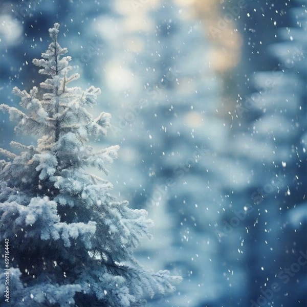 Fototapeta fir tree with snow on a blurred forest background 