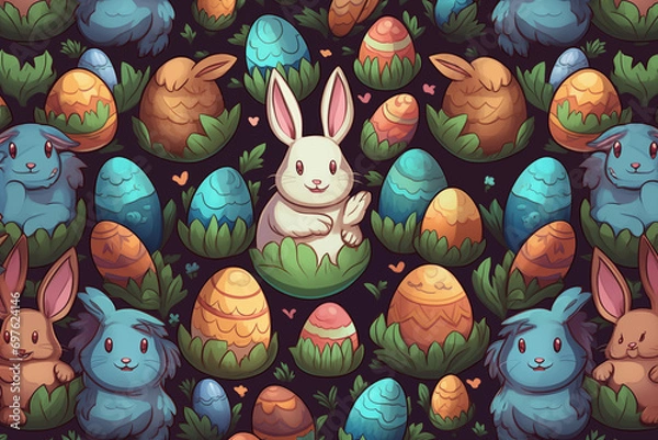 Fototapeta The cute Easter eggs and rabbit pattern on a background is ideal for gift wrapping paper, poster,backgrounds, and other high-quality prints.