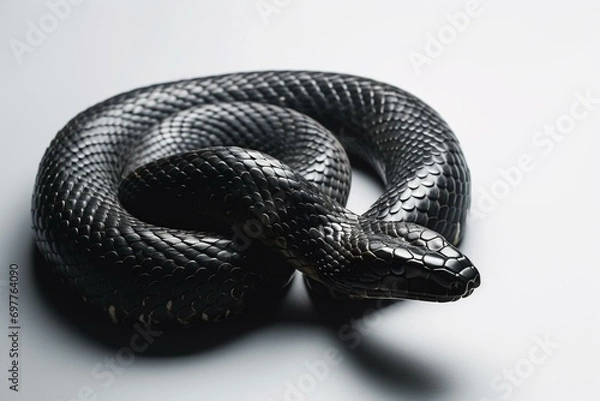 Fototapeta Top view of a 3D black snake on white background. Generative AI