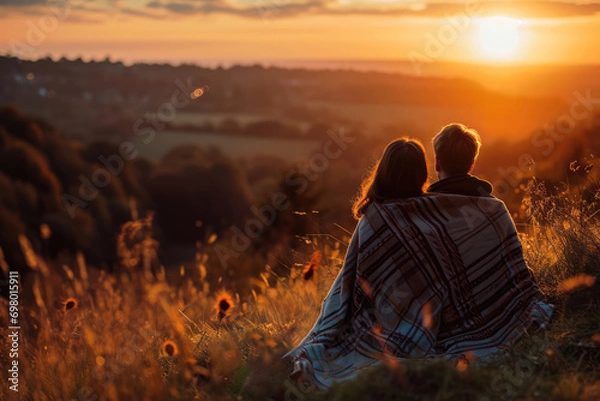 Fototapeta Couple Watches The Sunset From The Top Of Hill, Wrapped In Blanket