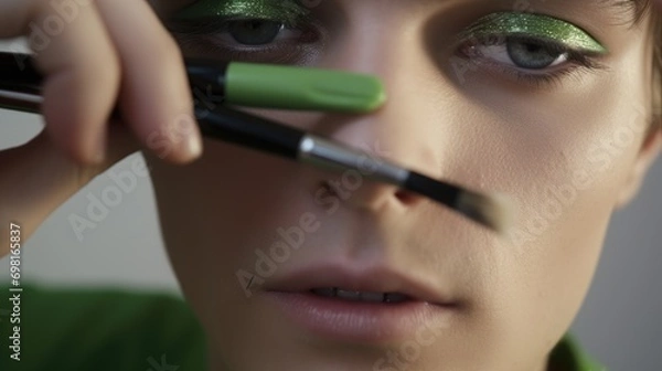 Fototapeta Breaking Stereotypes. Transgender Man Grooming with Makeup, Isolated Portrait. Personal Expression. Young LGBTQ Man Applying Makeup, White Background.