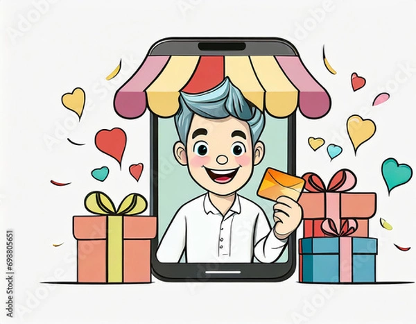 Fototapeta Man holds gift voucher card inside mobile with shop awning with present boxes and confetti. Creative concept of earning prizes or rewards from store. Trendy cute cartoon character vector illustration.