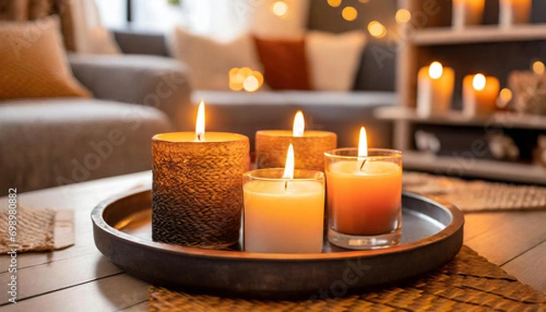 Fototapeta it candles on a tray creating a warm, cozy atmosphere in a modern living room