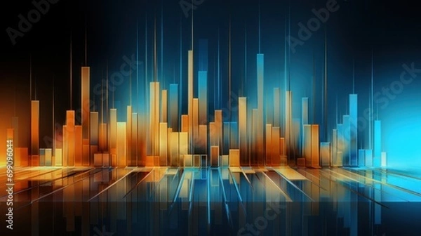 Fototapeta finance, graph, investment, chart, background, economy, financial, growth, money, stock. background urban architecture orange and blue solid likes a candlestick chart of investment with black scene.