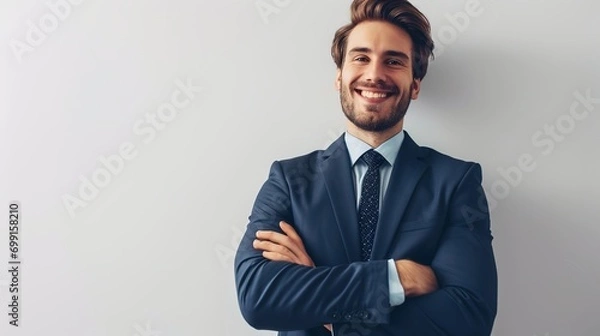 Fototapeta Businessman smiling with arms crossed on white background