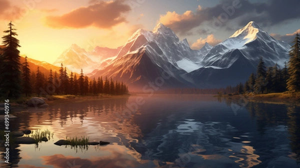 Fototapeta Spring Serenity at Dawn by the Mountain Lake, Generative AI illustration