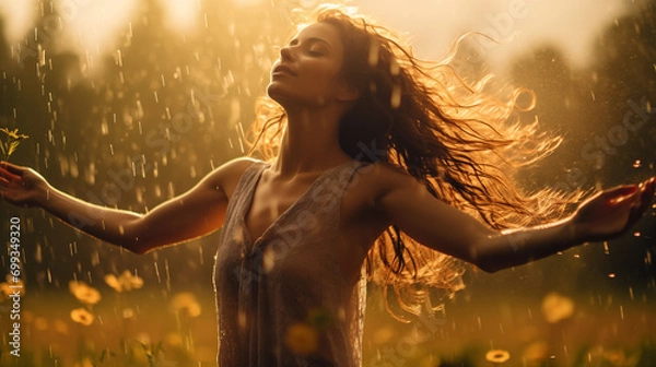 Fototapeta Joyous Dance: Woman Embracing the Spring Rain, Generative AI illustration.