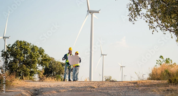 Fototapeta Caucasian engineer man and female engineering worker builders are looking for wind turbine blueprint drawings for wind turbine construction at a windmill field farm.