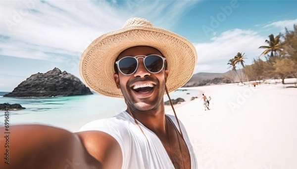 Fototapeta Handsome man wearing hat and sunglasses taking selfie picture on summer vacation day , Happy hiker with backpack smiling at camera outside , Tourist walking on the beach , Traveling and technology