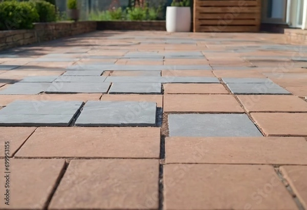 Fototapeta Laying gray concrete paving slabs in house courtyard driveway patio. Professional workers bricklayers are installing new tiles or slabs for driveway, sidewalk or patio on leveled sand foundation base.