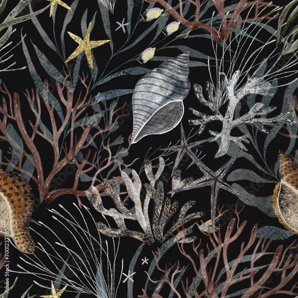 Fototapeta Seamless pattern in sea style. Seabed with shells, algae, corals, starfish. The underwater world painted in dark watercolor.