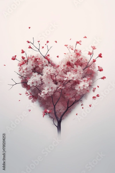 Fototapeta Heart-shaped cherry blossom tree, symbolizing love and spring. Vertical format