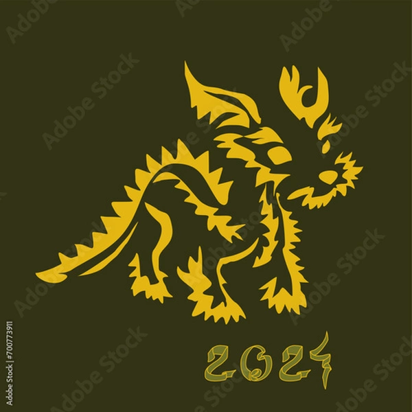 Fototapeta New Year card with 2024 year of the dragon! Chinese horoscope symbol. Golden earth dragon logo