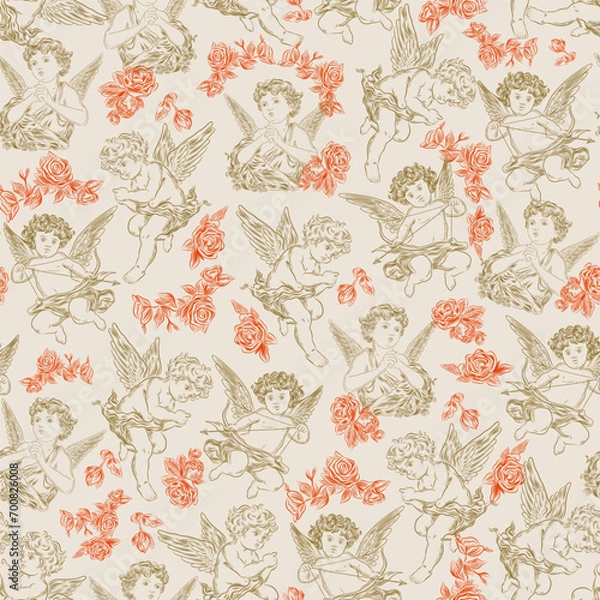 Fototapeta Seamless Pattern with cupids. Happy Valentine's day. Vintage engraving style