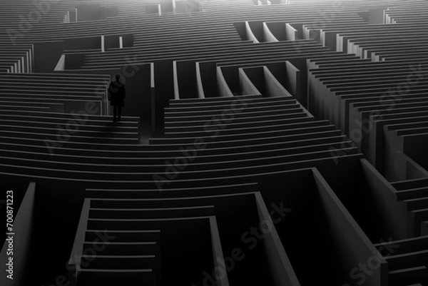 Fototapeta An individual is depicted navigating through a maze, symbolizing a journey in an empty, liminal space.