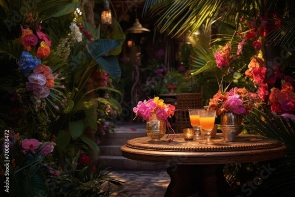 Fototapeta A tropical garden oasis with glasses of rum punch placed amidst vibrant flowers and foliage, an idyllic escape