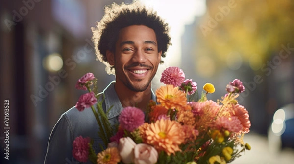 Fototapeta Handsome young man holding a flower bouquet outdoors