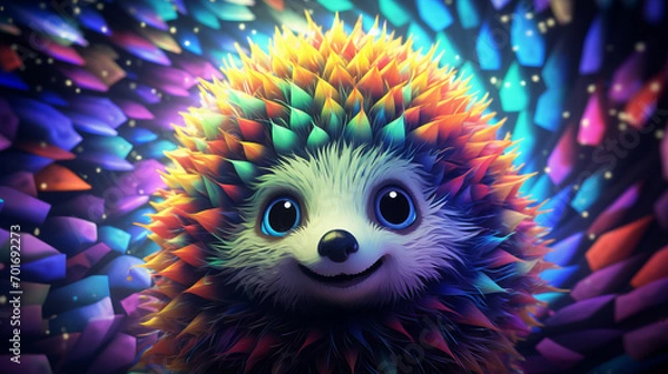 Fototapeta Happy psychedelic hedgehog face portrait in vivid multicolored colors symbolizes lively and vibrant nature of hedgehog, beauty in small creatures of natural world