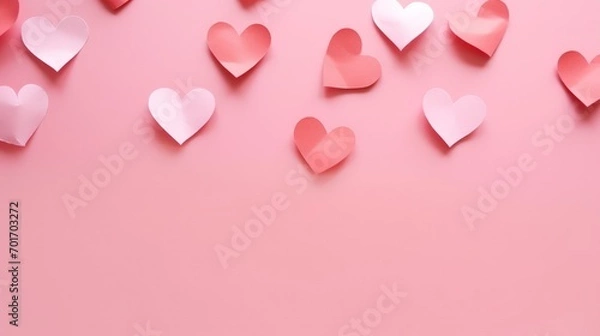 Fototapeta Romantic pink paper hearts cuts isolated on pastel pink background. Generate AI image