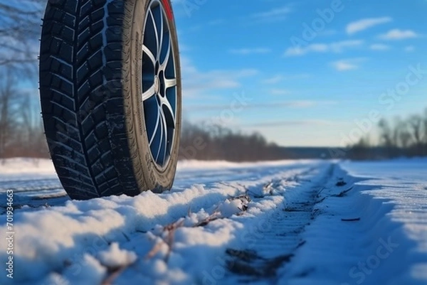 Fototapeta Winter tire covered in snow snowy road ice icy car wheel drive safety safe driving transportation condition change vehicle auto slippery danger frost protection climate dangerous offroad environment