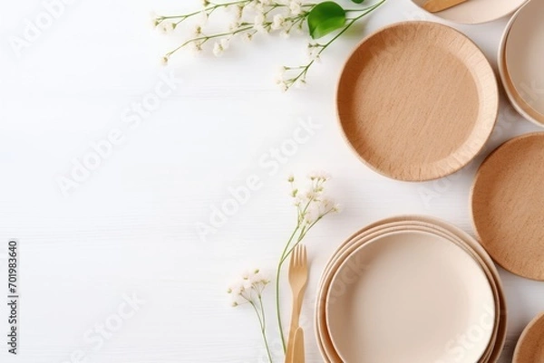 Fototapeta Bamboo wood and paper dishes on white wooden background, environment-friendly and plastic-free.