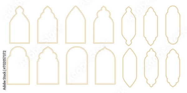 Fototapeta Set Islamic arch frame golden minimal line border isolated on white background. Boho gold muslim door, window decoration.