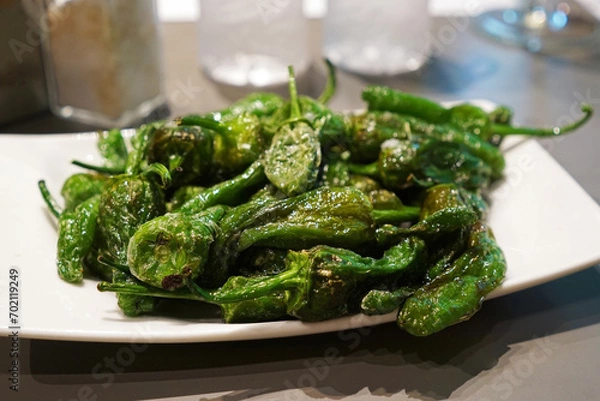 Fototapeta Blistered Padron peppers (Pimientos de Padrón), small green pepper in Canola and olive oil- traditional classic Spanish Tapas