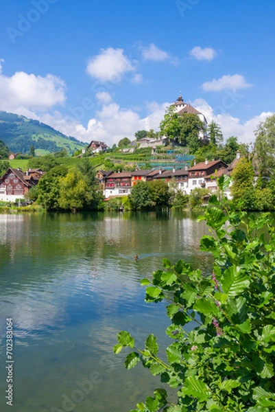 Fototapeta Schloss (Castle) Werdenberg and Lake near the village of Buchs, Switzerland