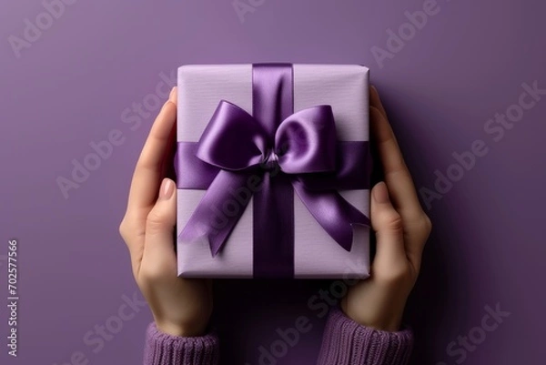 Fototapeta Hands holding a gift with a purple ribbon on a matching background