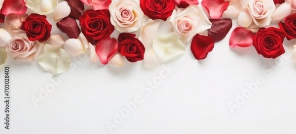 Fototapeta Roses in red and white hues with petals, creating a decorative border on a clean, white background. Banner with copy space. Ideal for Valentines Day, anniversaries, or romantic occasions.