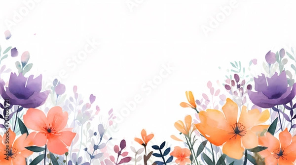 Fototapeta Floral frame with watercolor flowers, decorative flower background pattern, watercolor floral border background