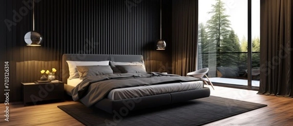 Fototapeta Stylish master bedroom interior with black walls, a black bed with two bedside tables and a wooden floor. 3d rendering mock up