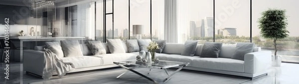 Fototapeta Panorama of white and gray living room in glamour style with glass dining and coffee tables and quilted corner sofa