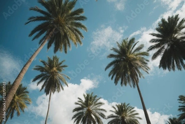 Fototapeta Palm trees in summer with clear blue sky, photo taken from ground looking up, tropical vacation generative AI