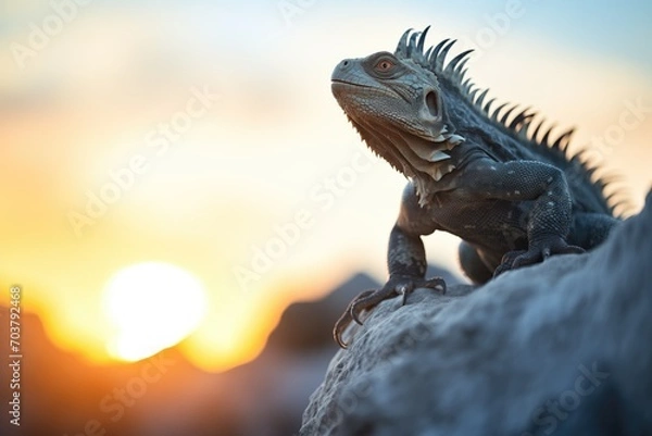 Fototapeta silhouette of an iguana on a rock at sunset