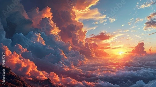 Fototapeta Dramatic Sunset Landscape Puffy Clouds Lit, Background Banner HD