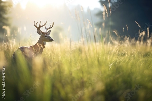 Fototapeta solitary elk grazing in a sunlit meadow