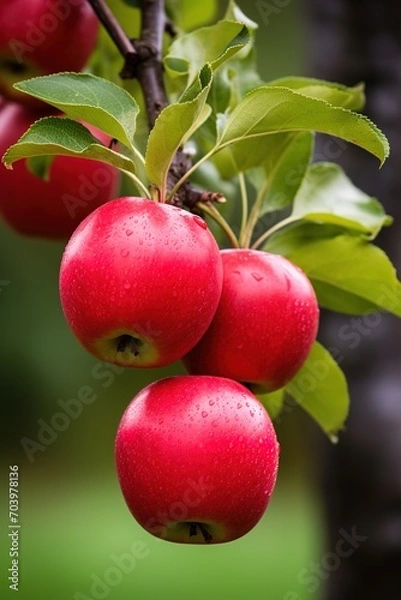 Fototapeta Red Apples hanging on a branch in the orchard. Image for advertising, banner