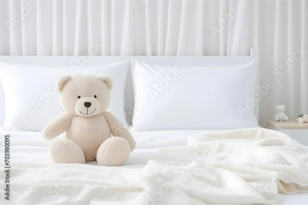 Fototapeta Teddy bear toy on the clean bed