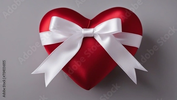 Fototapeta red ribbon bow A red silk heart with a white ribbon bow on a white background. The heart is soft and fluffy,  