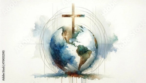 Fototapeta Watercolor illustration of a Christian cross on earth on a white background. Digital painting.