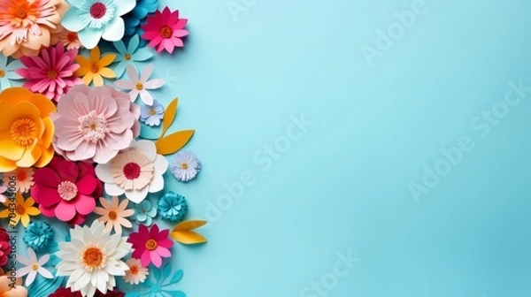 Fototapeta Vibrant handmade paper flowers adorning a light blue background - copy space available

