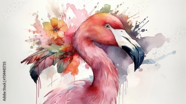 Fototapeta A Flamingo That Has Floral Crown on Its Head, Watercolor Painting.